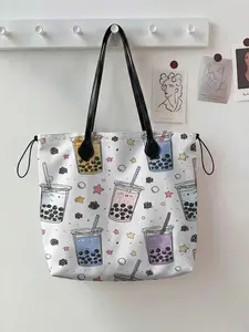 Pearl Milk Tea Pattern Drawstring Tote Bag, Large Capacity Shopping Bag, Durable and Wear-Resistant, Suitable for Work, Shopping, Picnic