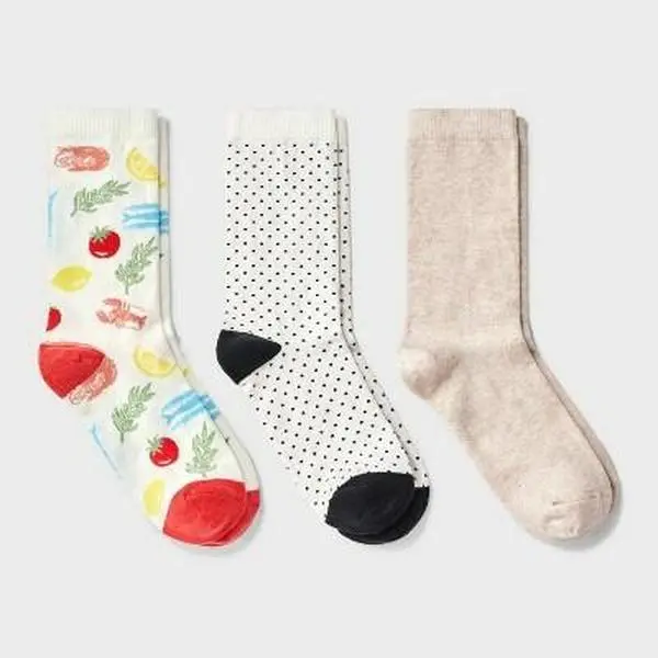 Women's 3-Pack Mediterranean Diet Fit Knit Crew Socks, Lightweight Breathable Cotton Blend, Smooth Seamless Toe, Assortment Pack Mid-Calf Style, Lightweight Knit, Playful Vibes, Vibe, Nylon, Knit Socks