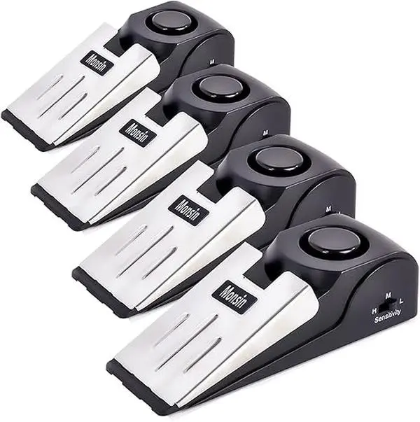 4Pcs Home Security Door Stopper Alarm, Suitable for Front Door, Bedroom, Travel Hotel Use | Easy to Install No Tools Needed, 3 Sensitivity Modes, 120DB Loud Anti-Theft Alarm, Stainless Steel Pressure-Resistant, Instant Alarm When Pushed