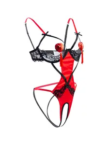 Valentine's Day style Hollow out sexy women's split one-piece underwear+nipple patch 3-piece set Lingerie Womenswear crotchless open bra Bat Black Love Wing Love Statement Strappy Straps Elegance Everyday Elegance Strappy