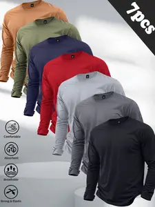 Men's 7-Piece Fashion Long-Sleeve T-Shirt Set - Trendy Street Style Versatile Year-Round Menswear Top, Sports-Friendly Athletic Tees, Perfect Gift for Him - Elegant Statement Long Sleeve Shirt Gym Outfit Tee Gym Tops