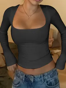 Pure Color Casual Square Neck Slim Fit Long Sleeve T-Shirt, Fall Fashion, Plain Pattern, H Type Silhouette, Women's Clothing