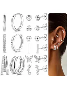 9Pairs Sterling Silver Stud Earrings Jewelry For Women Hypoallergenic Hoop Earrings Stack Small CZ Ball Butterfly Heart Earring Sets Cartilage Earring For Multiple Piercings Gold/Silver Studs