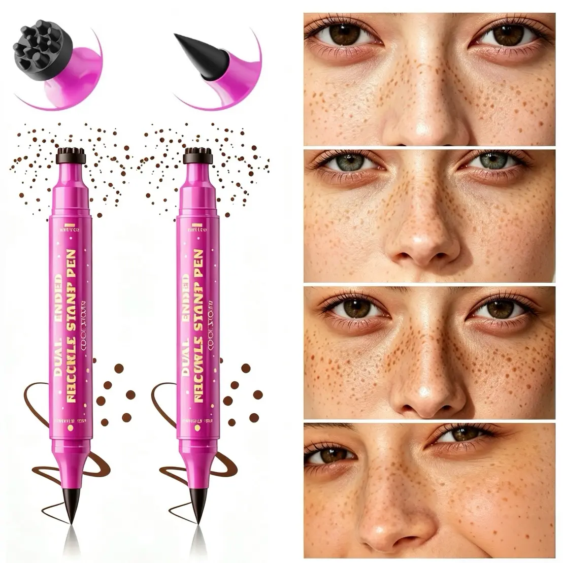 Waterproof Dual-ended Freckles Pen, Faux Freckle Stamp with Fine Tip Eyeliner. Create realistic long-lasting freckles for effortless makeup. Ideal for daily makeup and cosplay, fits summer vibes perfectly.