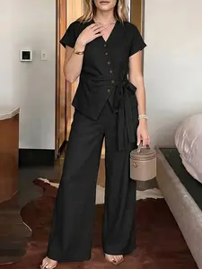 ZANZEA Women's V-Neck Short Sleeve Tie Front Button Cardigan + Loose Long Pants Set, Two-Piece, Casual European Style, Daily Wear