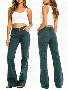 Two button Jean Women's Green Denim Cargo Straight Leg Jeans, Casual Long Pants With Slight Stretch For A ChicLook