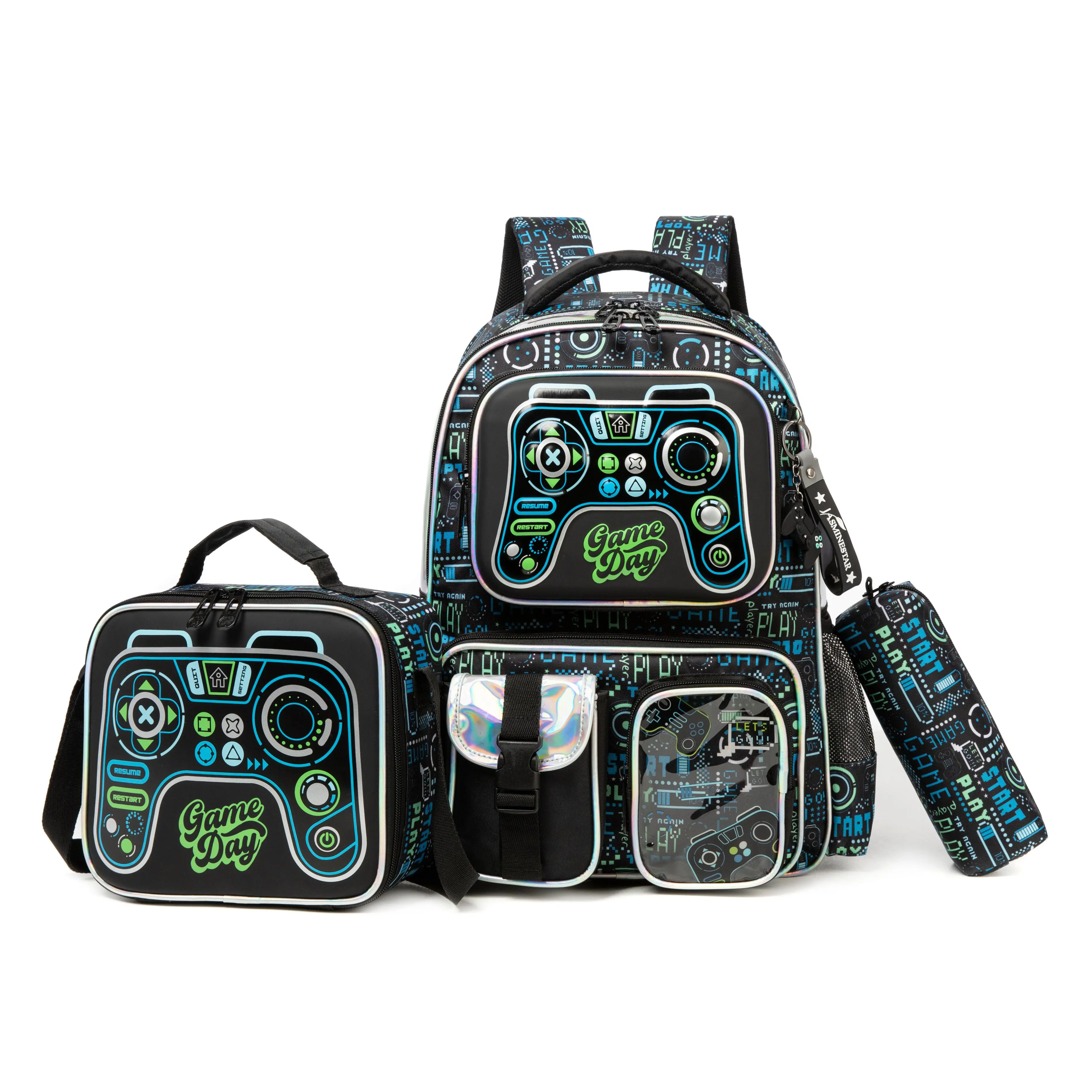Game Day Gamer Backpack Set for Boys – 3 Piece Kids School Bag with Lunch Bag & Pencil Case – Video Game Controller Print Backpack k-pop fan clear Geek Bag