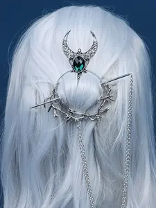 Vintage Viking Unique Witch Hair Stick, New Moon Branch Glass Gem Hair Accessory, Party Jewelry, Women's Fashion Headpiece