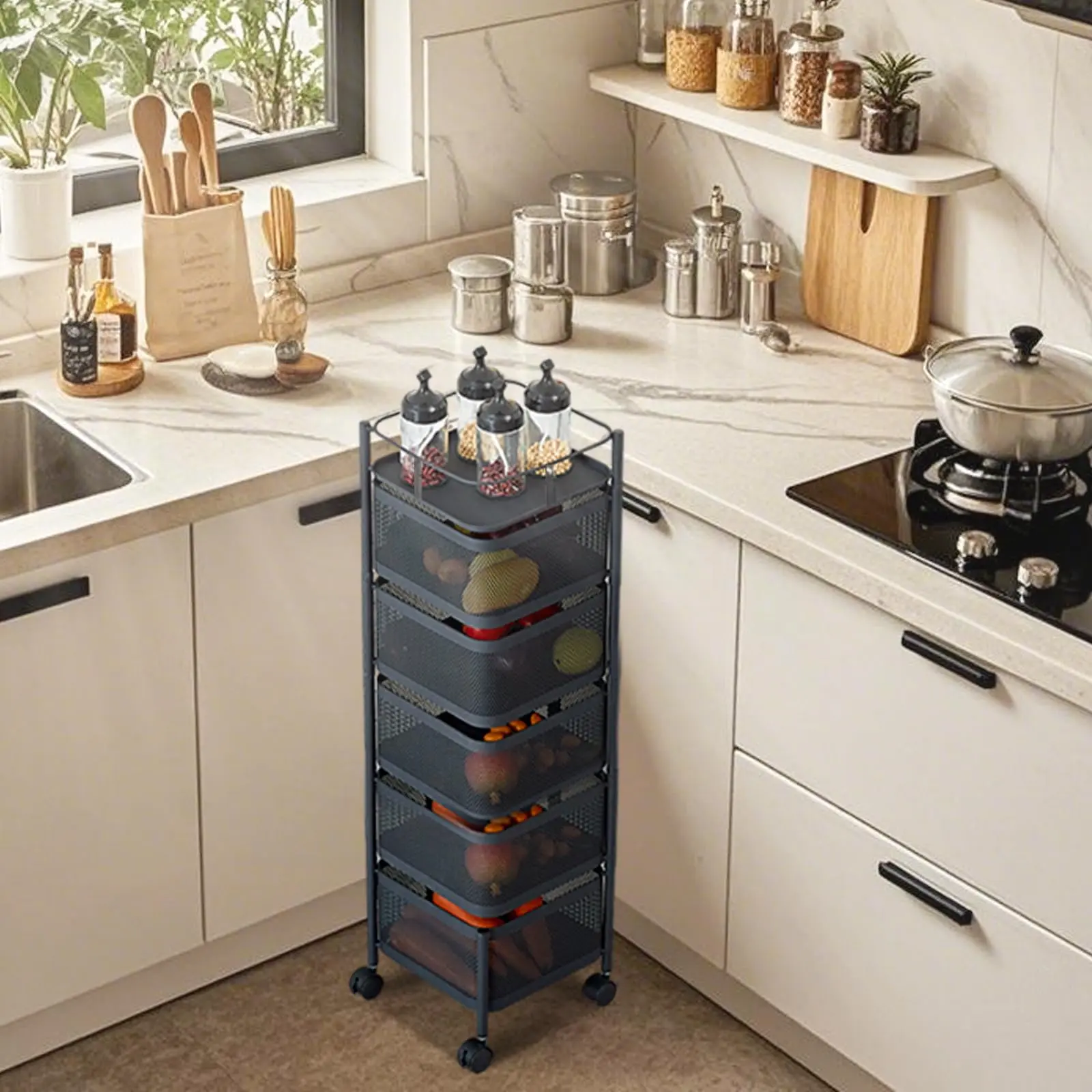 5-Tier Rotating Fruit and Vegetable Basket, Large Capacity Metal Vertical Storage Rack Kitchen Furniture, Sturdy Breathable Wire Kitchen Organizer with Wheels, 1pc, Durable Storage Rack, Modern Storage Organizer