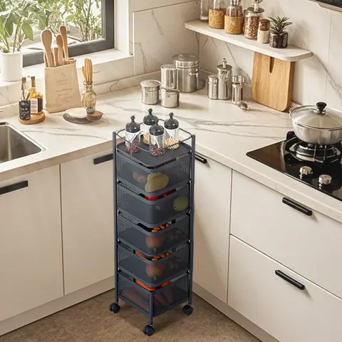 5-Tier Spinning Metal Fruit & Vegetable Basket with Wheels - Rustproof Metal Organizer, Sturdy Base, Large Capacity Breathable Shelf, 5-Tier Quick Access Mobile Storage Rack, Keeps Food Fresh, Kitchen Cupboard Indoor Accessory