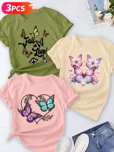 3Pcs Fun Butterfly Pattern Cotton Women's T-Shirt Set, Hearts, Vibrant Colors, Must-Have Essential, Fashionable Loose Streetwear, Casual Fitted Style