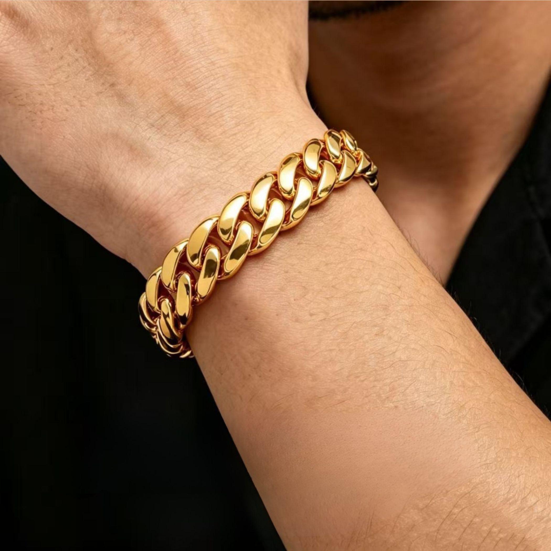 Men's 14K Gold Plated Cuban Link Chain Bracelet, Heavy Solid Miami Cuban Jewelry, Stainless Steel Waterproof No Tarnish Bracelet, Hip Hop Streetwear Jewelry Gift,High Quality Jewelry Bracelet