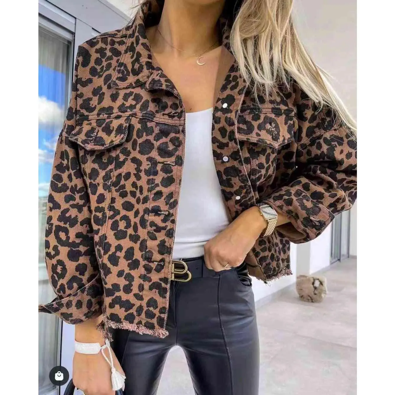 Leopard Raw Hem Denim Jacket
