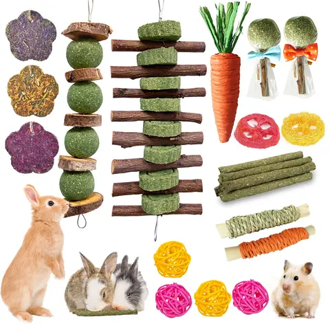 21-Pcs Durable Chew Small Animal Cage Accessory Toys - Wood, Grass, Timothy Sticks, Bamboo Rope, Carrot Treat, Digestion Aid, Encourages Foraging for Rabbits (Rabbit Supplies)