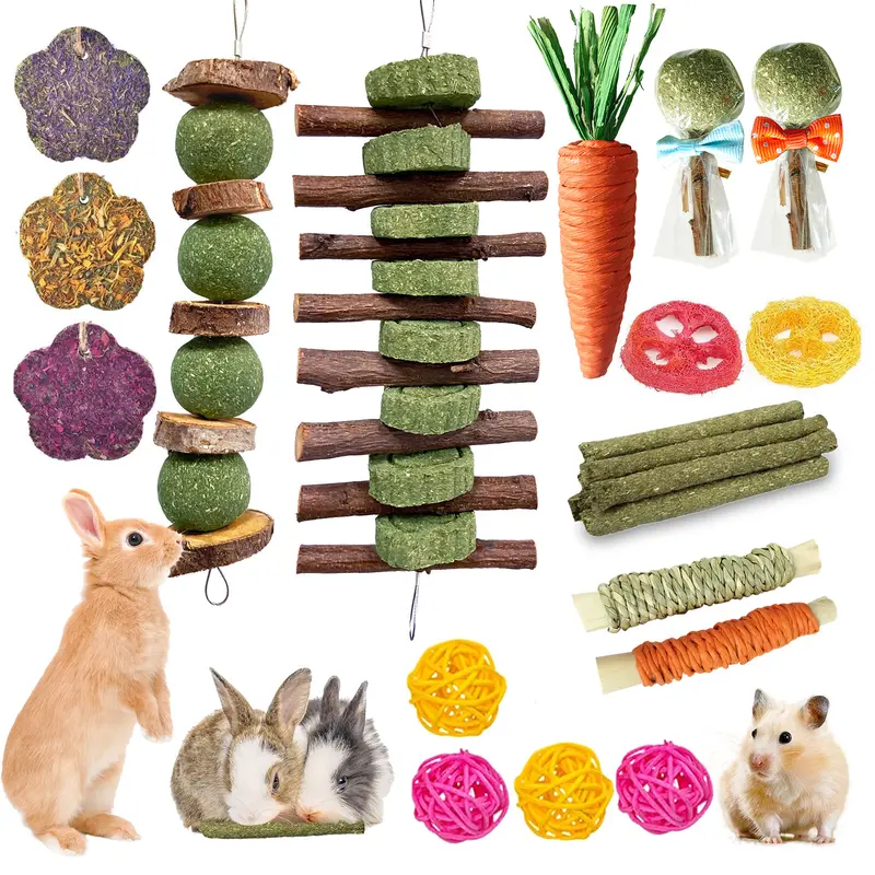 21-Pcs Durable Chew Small Animal Cage Accessory Toys - Wood, Grass, Timothy Sticks, Bamboo Rope, Carrot Treat, Digestion Aid, Encourages Foraging for Rabbits (Rabbit Supplies)
