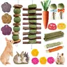 21-Pcs Durable Chew Small Animal Cage Accessory Toys - Wood, Grass, Timothy Sticks, Bamboo Rope, Carrot Treat, Digestion Aid, Encourages Foraging for Rabbits (Rabbit Supplies)