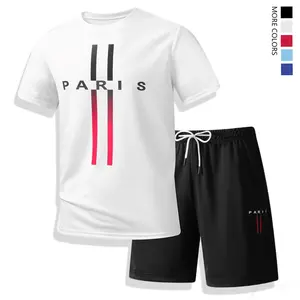 Men’s two-piece set: T-shirt with a crew neck and shorts with a drawstring waist and pockets; comfortable casual summer outfit for men.