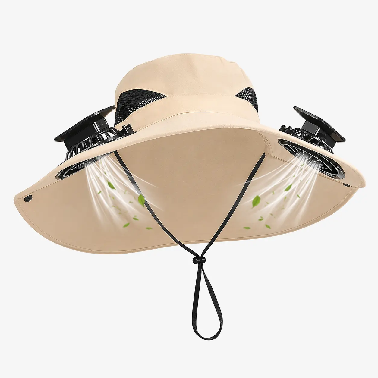 Solar Powered Fan Hat with Dual Fans, Wide Brim Breathable Mesh Bucket Hat for Men, Adjustable Chin Strap for Outdoor Fishing, Gardening, Summer Sun Protection