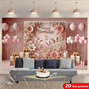 2D Flat Printed Pink Gold Floral Balloon Happy Birthday Tapestry Wall Hanging - Women's Party Photo Booth Backdrop, Romantic Home Decor Gift & Studio Prop Curtain