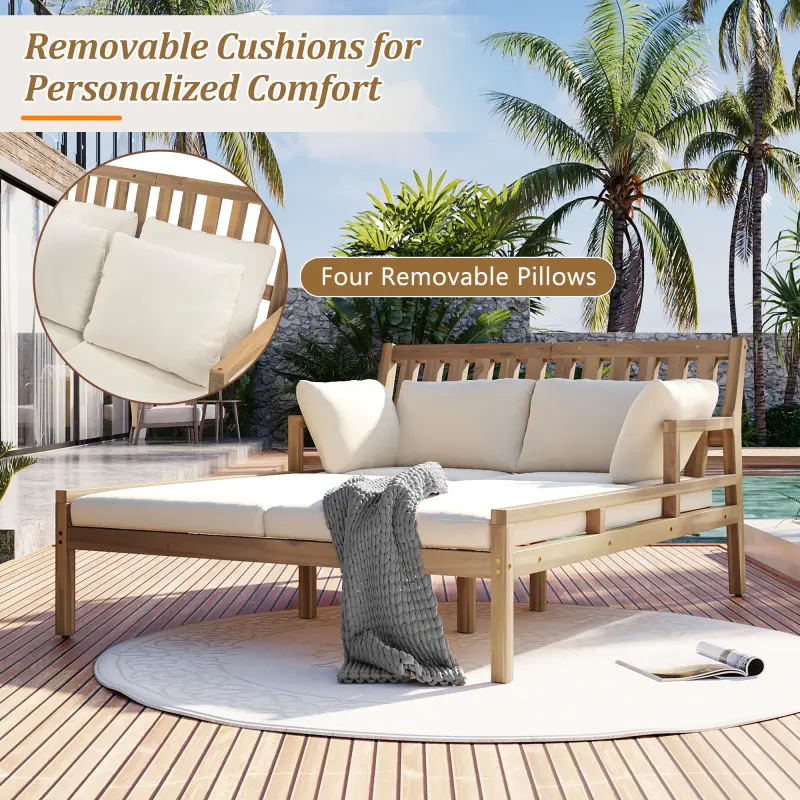 [SOIYELIFE]  Outdoor Daybed, Patio Daybed with Four Pillows, Wooden Outdoor Bed with Curved Armrests for Poolside, Backyard, Garden (Light Teak+Beige Cushion) Fine furniture
