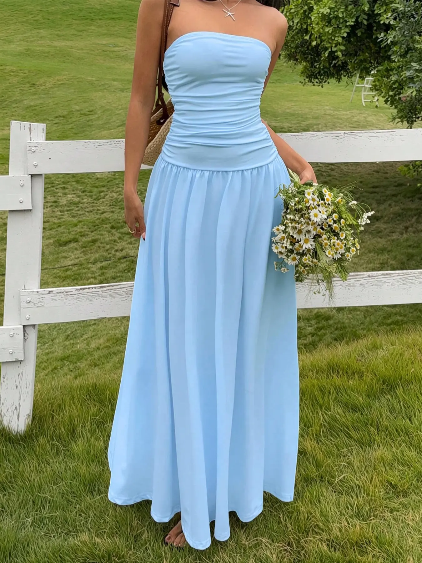 Women's Strapless Maxi Sundress with Ruched Corset Bodice, Cottagecore Drop Waist Dress for Casual Tropical Beach Vacations, Lady, Tube, Basic, Fabric, Soft, Retro, Tube Top, Sleeveless, Elastane, Polyester Blend, Fit, Lightweight, Country Garden Picnics