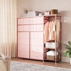 Clothes Rack with 16 Fabric Drawers & 2 Storage Shelve, Tall Dresser for Bedroom, Freestanding Closet Organizer, Wardrobe Closet Clothing Rack(pink)