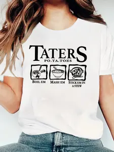 TATERS Casual Loose Fit Summer T-Shirt - Olive Green with Taters Po-Ta-Toes Mash 'Em Mash 'Em Stew 'Em Up Graphic Print, Breathable Round Neck Tee for Adults, Casual Attire, Humorous Design, Nontransparent Material