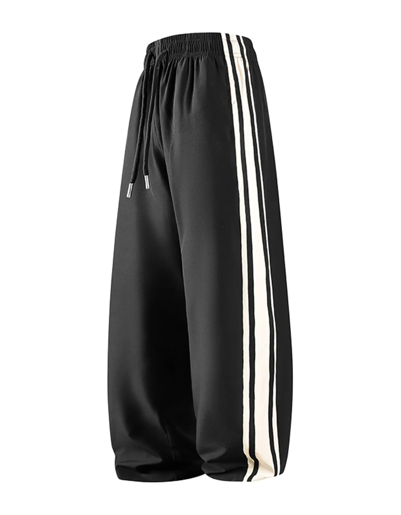 One men’s wide leg casual sweatpants featuring side stripes; urban relaxed style. High rise drawstring waist with off white contrast stripes on the sides. Smooth fabric drapes comfortably, and the loose wide leg cut flatters the legs. Suitable for urban m