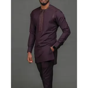 Men'S African 2pcs Clothing, Long Sleeved Button Shirt Pants Set, Dashiki And Pants Clothing Traditional Ethnic Suit, Round Neck, Embroidery, Shoulder Zipper, Pockets, Hem Split, Elastic Waist, Street Style, Party Wedding Wear, Brown