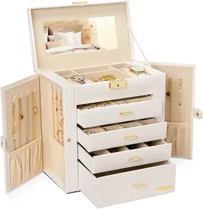 Homde Large Synthetic Leather Jewelry Box with Mirror - Lockable Organizer for Watches, Necklaces, Rings, and Earrings - Elegant Gift Case in White and Gold - Rectangular Design with Four Drawers & Swing-Out Cabinets