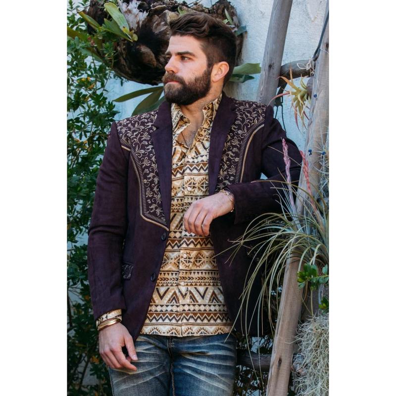 Platini Men's Brown Embroidered Suede Blazer