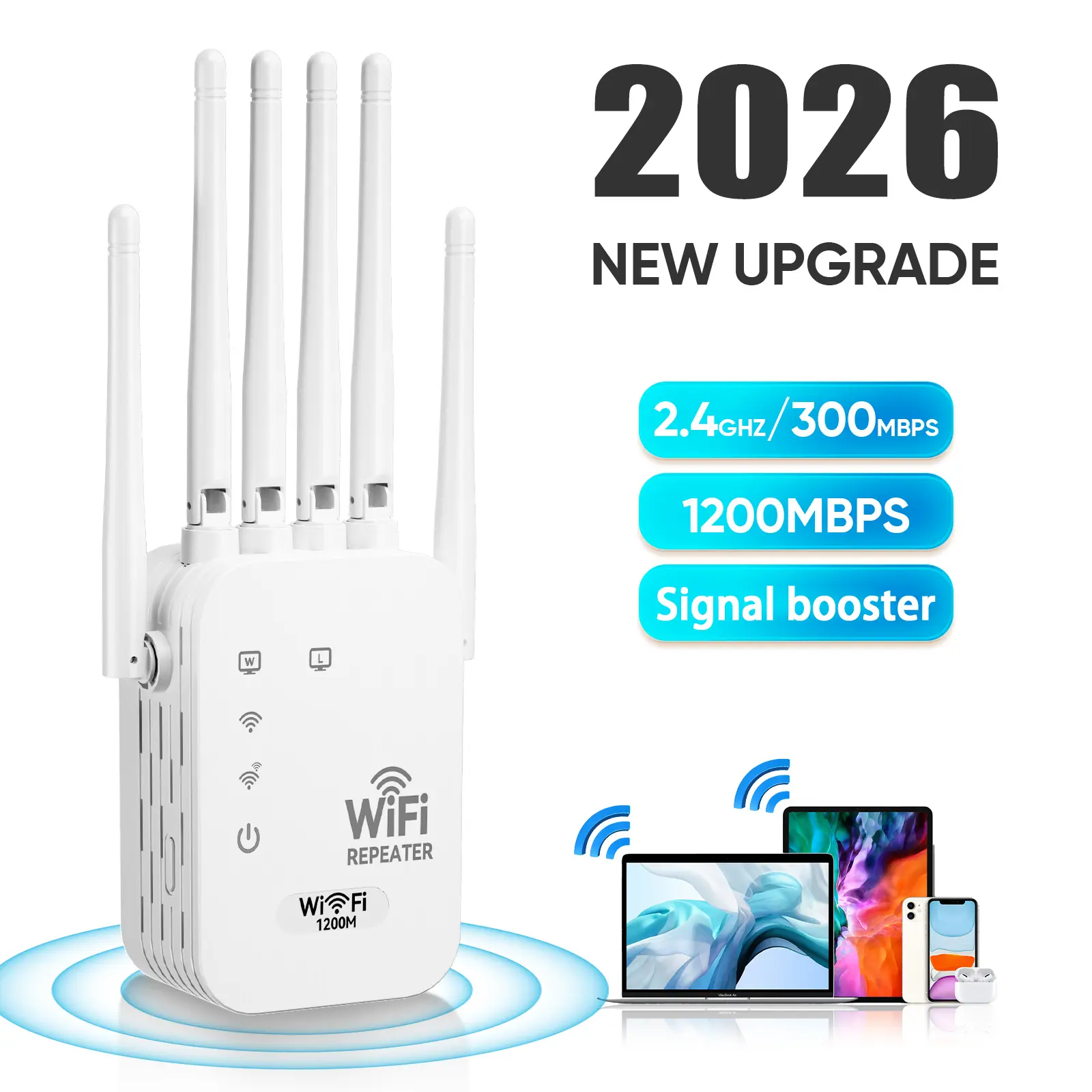 WERCHTAY WiFi Range Extender - 6-Antenna Booster 1200Mbps Dual Band 2.4GHz Wireless Signal Repeater for Home Users, Plug-In Signal Boost, Wide Coverage for Home Office, Remote Workspaces