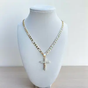 14k Figaro Link 24 inches 6mm - Religious Cross Jesus Christ Crucifix Pendant Iced Brass with CZ Diamonds for Hip Hop Jewelry