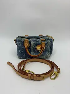 Pre-owned Louis Vuitton Denim Speedy Nano Bag in Blue Classic Monogram denim pattern with gold tone hardware. Comes with a detachable strap, can be carried by hand or worn crossbody.