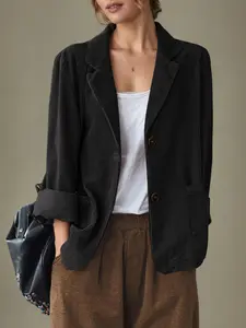 Women's Fall Winter Corduroy Jacket Trendy Blazer Long Sleeve Buttoned Pockets Plain Color Coat, Casual Fitted Style