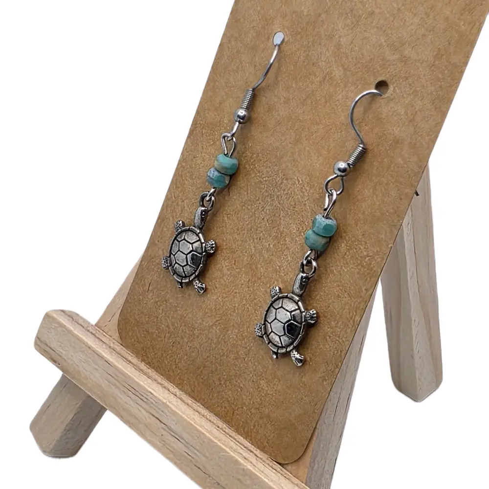 Delicate Beaded Turtle Earrings with Turquoise Accents and Silver Tone Hooks for Everyday Wear