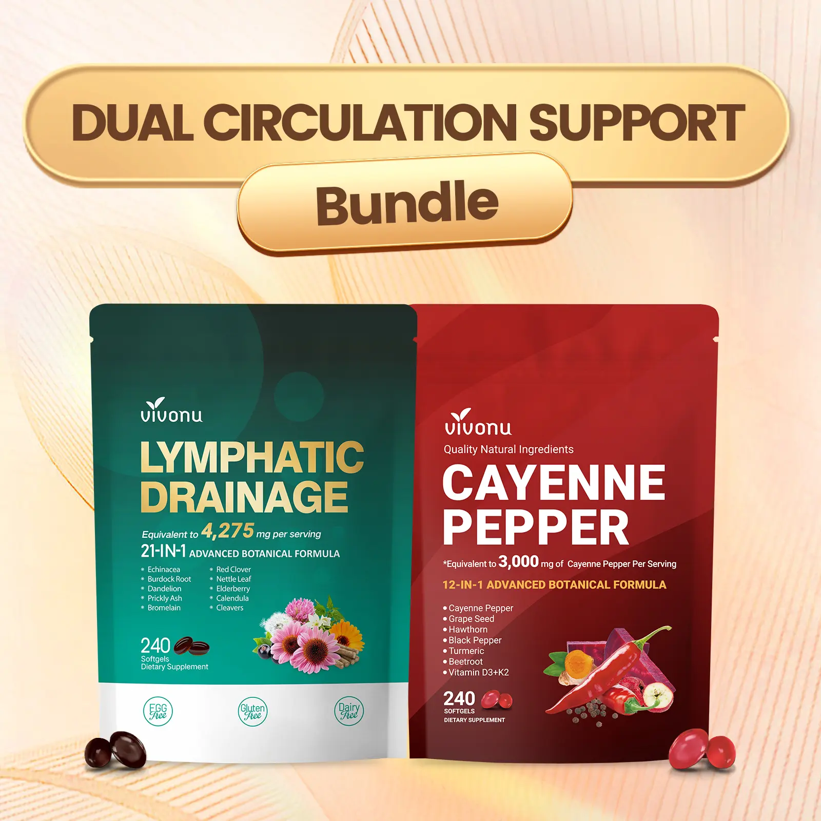 VivoNu Dual Wellness System | Lymph Support Herbal Blend + Chili Seed Oil with Vitamin D3 K2 | Supports Lymph Wellness, Energy & Cardiovascular Health