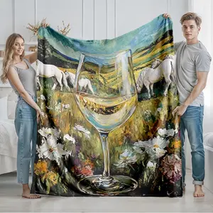 1 piece A white horse and a wine glass in the field themed flannel blanket - Modern-style all-season flannel blanket, soft and comfortable, suitable for sofas and beds, digital print design, 100% polyester material, machine washable, ideal for