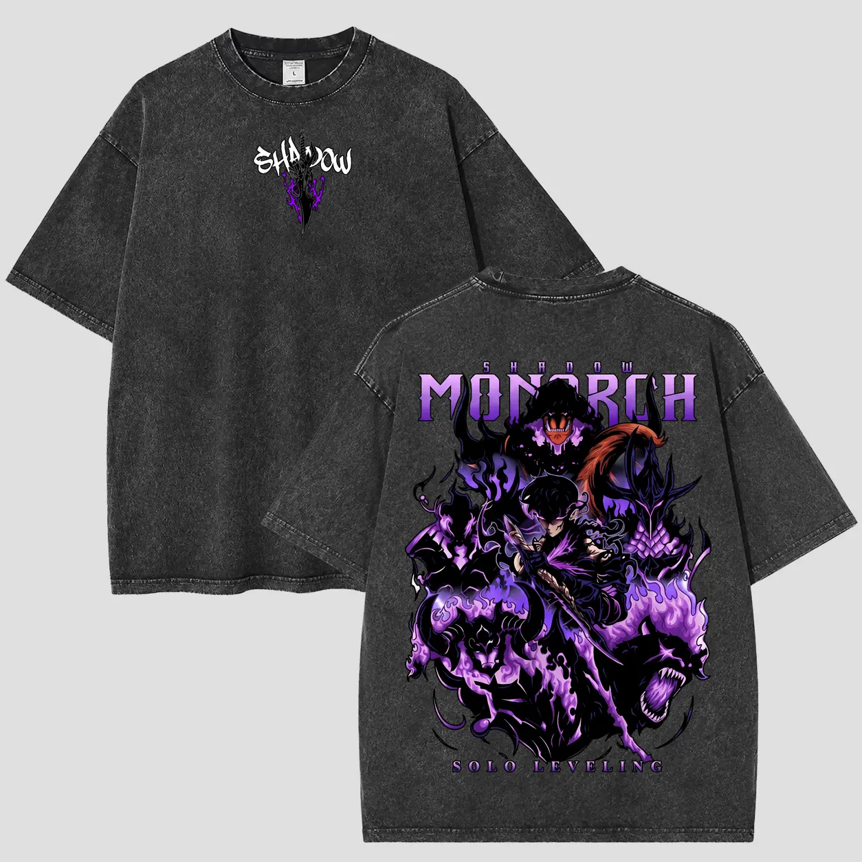 Shadow Monarch Anime Tee | Inspired by Solo Leveling & Sung Jinwoo’s Power | Dark Purple Graphic Streetwear | Awaken Your Shadows with Epic Art & Bold Design | Oversized Vintage Wash Shirt