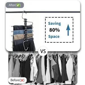 DGAPHRO Stainless-Steel Plastic Pants Hangers, 5-Layer Space-Saving Anti-Slip Hanging Closet Organizers for Pants, Jeans, Skirts