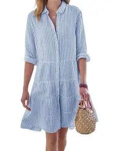 【New Arrival】Ebossy Womens Striped Button Down Midi Shirt Dress Casual Loose Cuffed Long Sleeve Mid Long Dresses