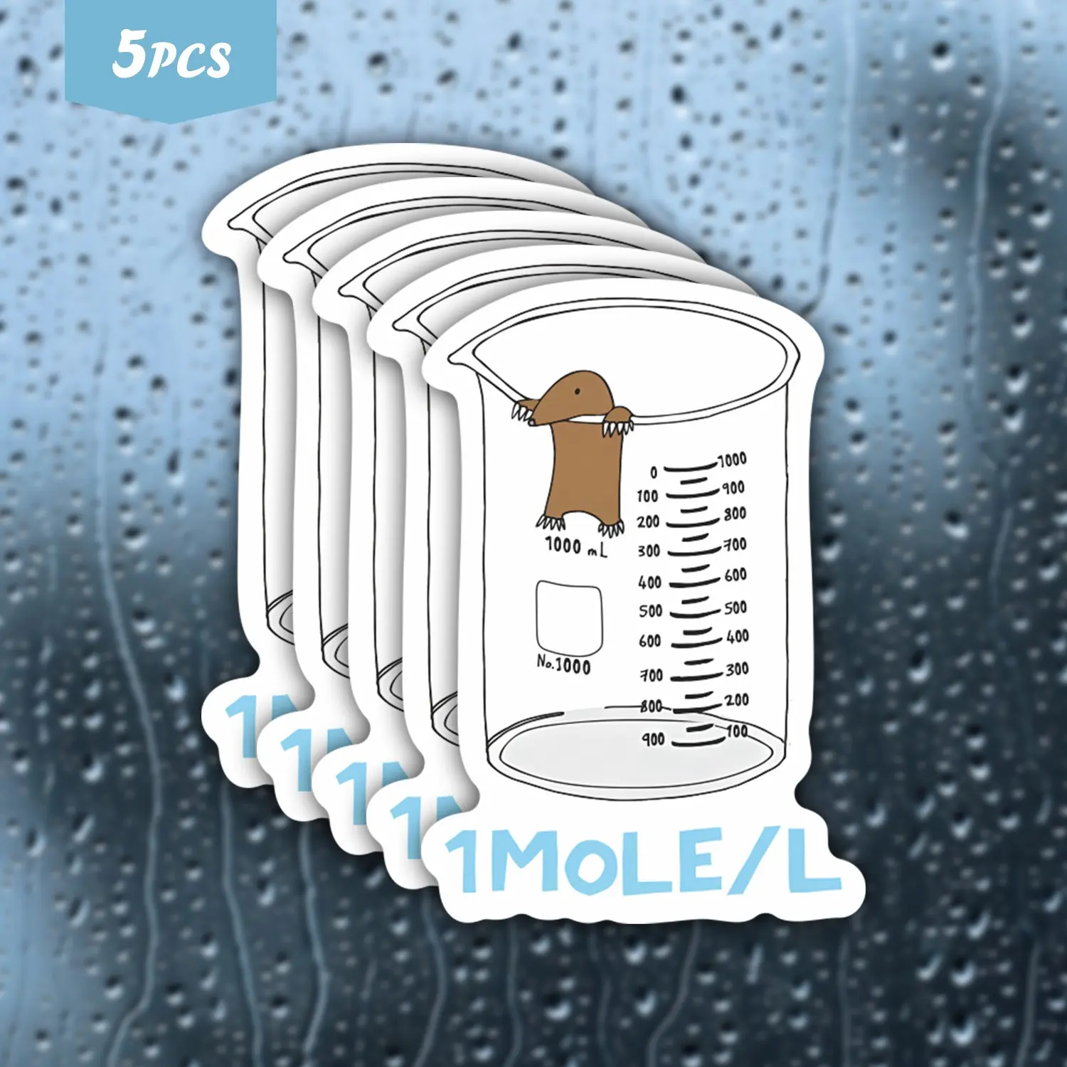 5Pcs "1 Mole/L" Beaker Mole Science Pun Waterproof Vinyl Sticker, Car Decals, Self-Adhesive Decal, Suitable For Laptops, Water Bottles, Journals, Cars, Ideal For Science Nerds, Chemistry Fans And Animal Lovers, Car Stickers