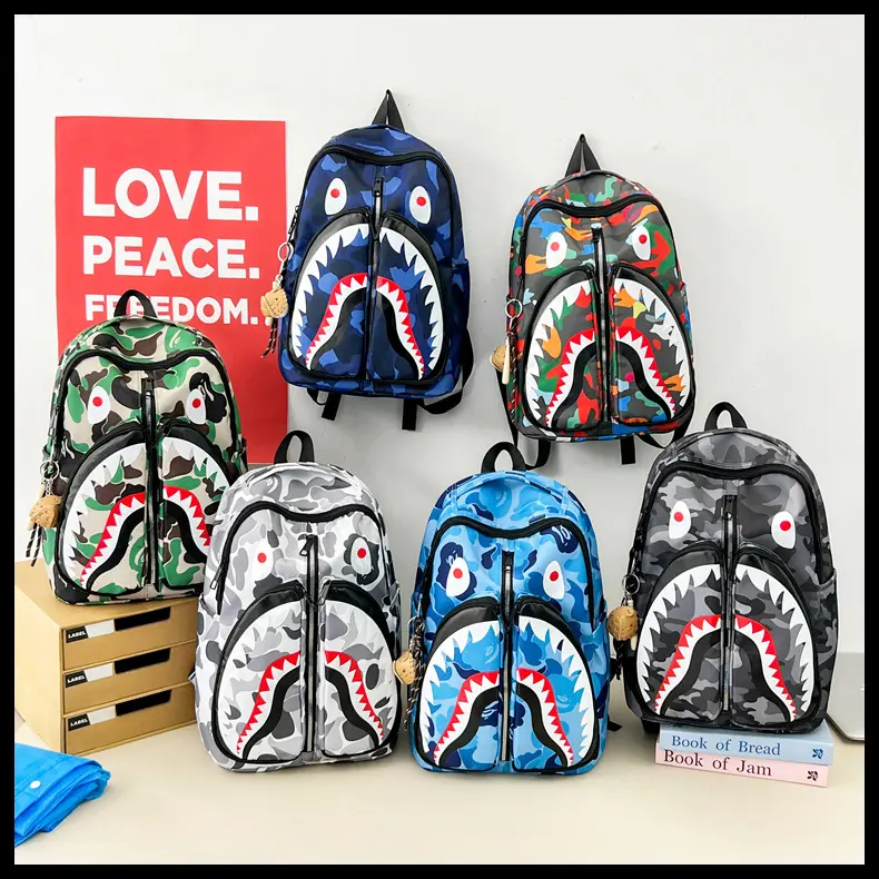 Camouflage Shark Mouth Double-Zipper Backpack - Large-Capacity Student School Bag, Trendy Street Style Casual Travel Daypack for Boys, Shark Backpack, School Backpack, Student Backpack, Travel Daypack