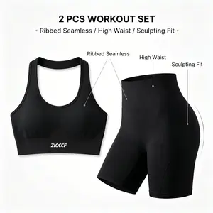 Zioccie 2 Piece Workout Set, Ribbed Seamless Halter Sports Bra & High Waist Biker Shorts, Sculpting Yoga Outfit for Women, Tummy Control, Butt Lifting、