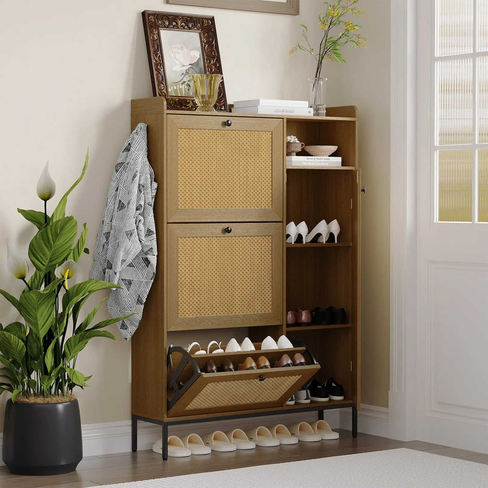 Slim Rattan Shoe Cabinet with 3 Turn over-Flop Drawers – Adjustable 4-Tier Shelves – Narrow Freestanding Shoe Storage Organizer for Entryway, Hallway, or Closet – Easy Assembly – Black
