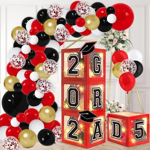 Graduation Decorations 2025, Set of 4 Red Grad Balloon Boxes with 139 count Balloon Arch Garland Kit & 4 Light Strings - So Proud of You 2025 Graduation Decorations for Any Grades