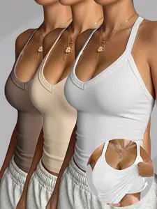 SERACAL 3pc Women Polyester Ribbed Tank Top with Built-in Bra - Soft, Stretchy & Durable Casual Cami