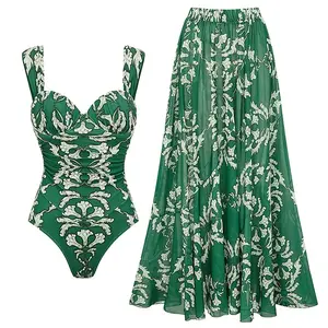 FLAXMAKER Women's Push Up Underwired Ruched Diamond Neckline Green Print One Piece Swimsuit and Matching Skirt Set Swimdress Swimwear #FallFreshness vacation outerwear clothing swim