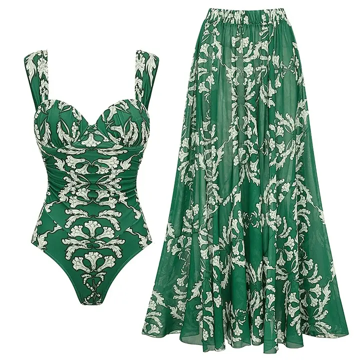 FLAXMAKER Women's Push Up Underwired Ruched Diamond Neckline Green Print One Piece Swimsuit and Matching Skirt Set Swimdress Swimwear #FallFreshness vacation outerwear clothing swim #Summervibes outdoorfun #SwimWeek