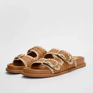 JUST FAB Women's Raffia & Straw Double Buckle Adjustable Slip-On Open Toe Slides, Slip On Sandals for Summer Beach Resort, Vacation & Daily Casual Footwear, Slides For Women